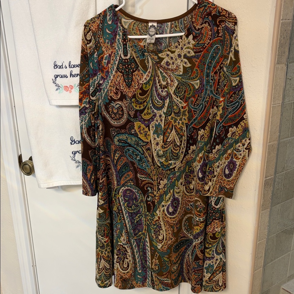 Honeyme Paisley Midi Dress in Brown, Teal, Purple, Gold Size Large NWOT
